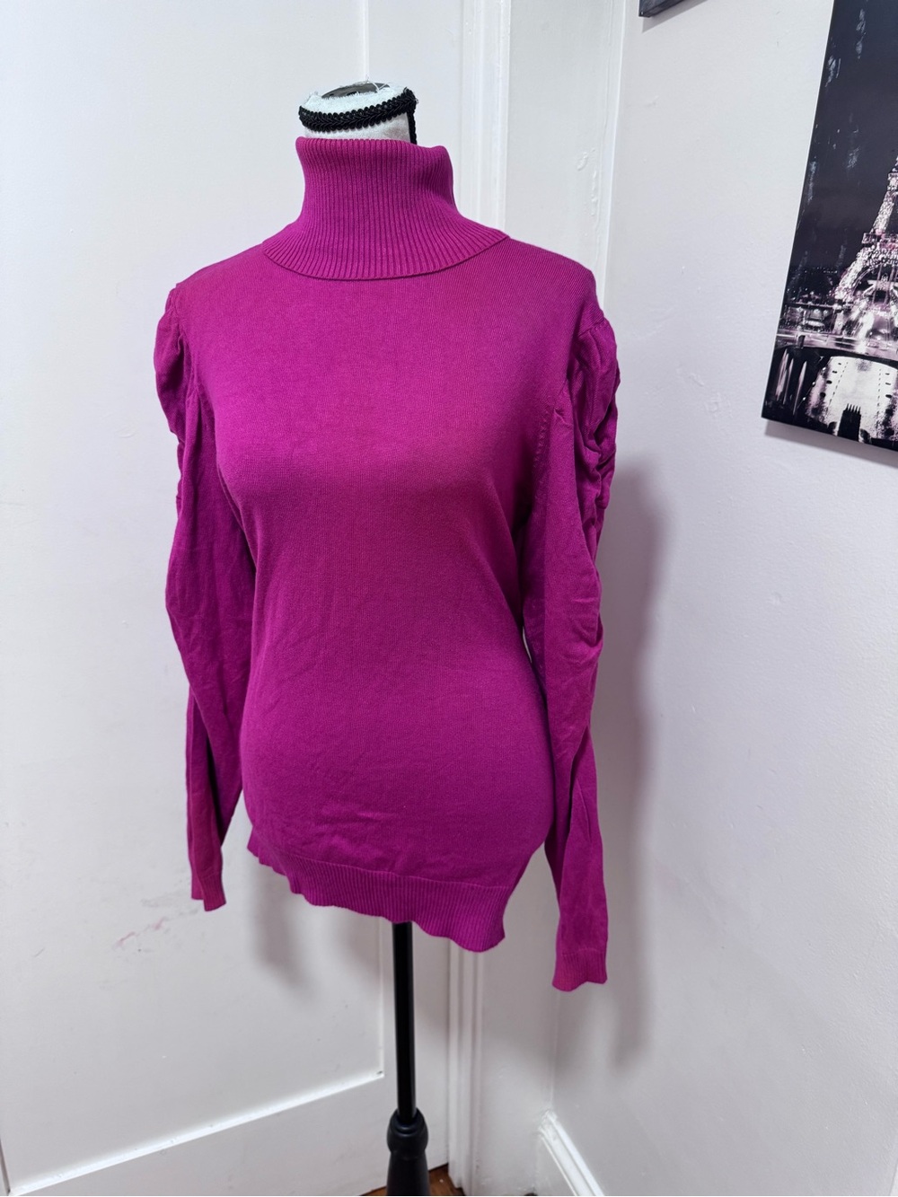 Joseph A Magenta Turtleneck Sweater with Ruched Sleeves